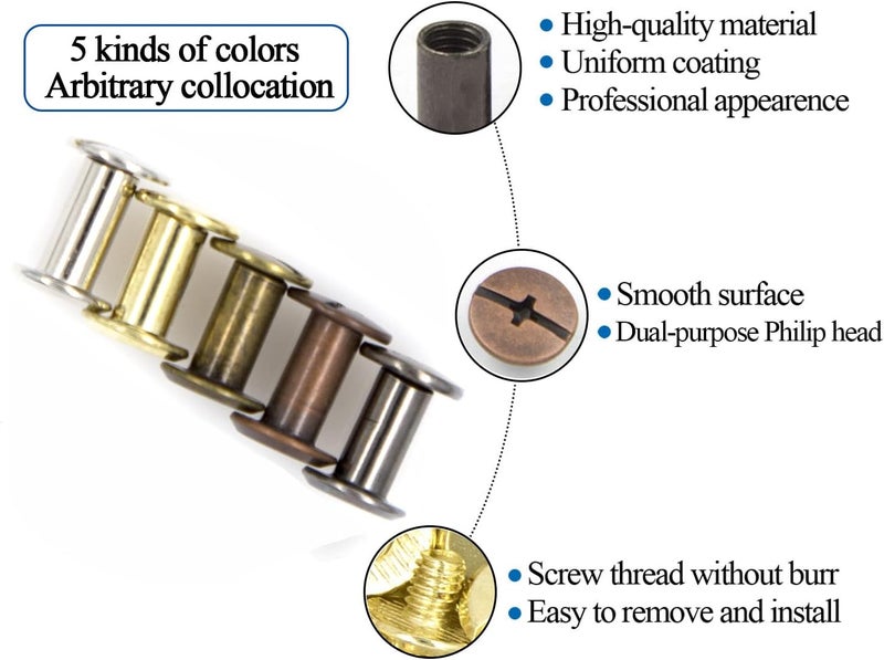 ALLOYPRO 75 Sets Chicago Screws Assorted Kit 5 Color Leather Rivets Screw Rivets Flat Fillister Book Binding Posts Nail Rivet Chicago Bolts for DIY Leather Craft Black Silver Golden Bronze (Colours 5×10mm) - Image 3